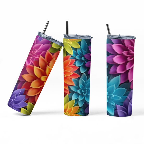 Inspire Me Positive Floral 3D Rainbow Tumbler - Ideal Gift for Flower Enthusiasts - 20oz Stainless Steel with Lid and Straw