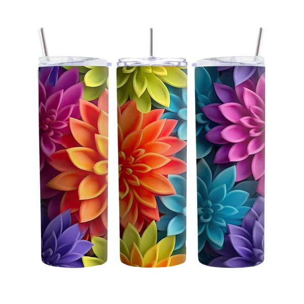 Inspire Me Positive Floral 3D Rainbow Tumbler - Ideal Gift for Flower Enthusiasts - 20oz Stainless Steel with Lid and Straw