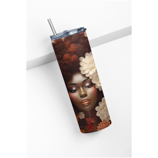 Inspire Me Positive, Afro Queen Floral 20oz Tumbler, Beautiful Black Woman Design, Unique Stainless Steel Insulated Cup, Perfect Gift for Her