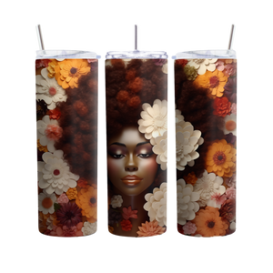 Inspire Me Positive Afro Queen Floral 20oz Tumbler, Beautiful Black Woman Design, Unique Stainless Steel Insulated Cup, Perfect Gift for Her