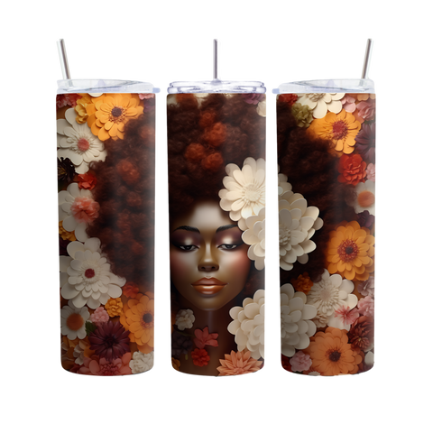 Inspire Me Positive Afro Queen Floral 20oz Tumbler, Beautiful Black Woman Design, Unique Stainless Steel Insulated Cup, Perfect Gift for Her