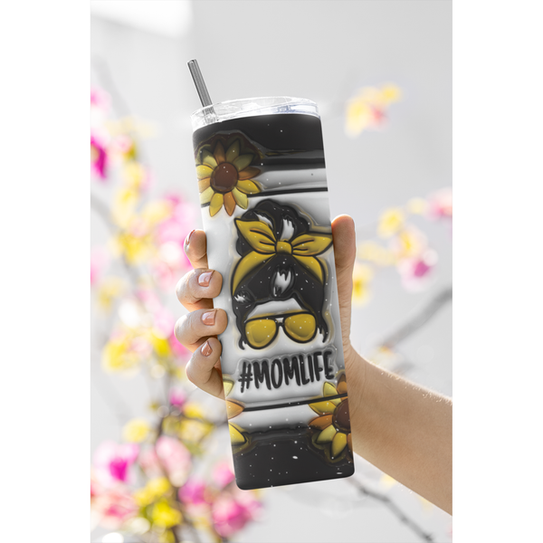Mom Life Sunflower Tumbler with Messy Bun, 20oz Insulated Cup for Moms, Unique Mother's Day Gift 197094450085