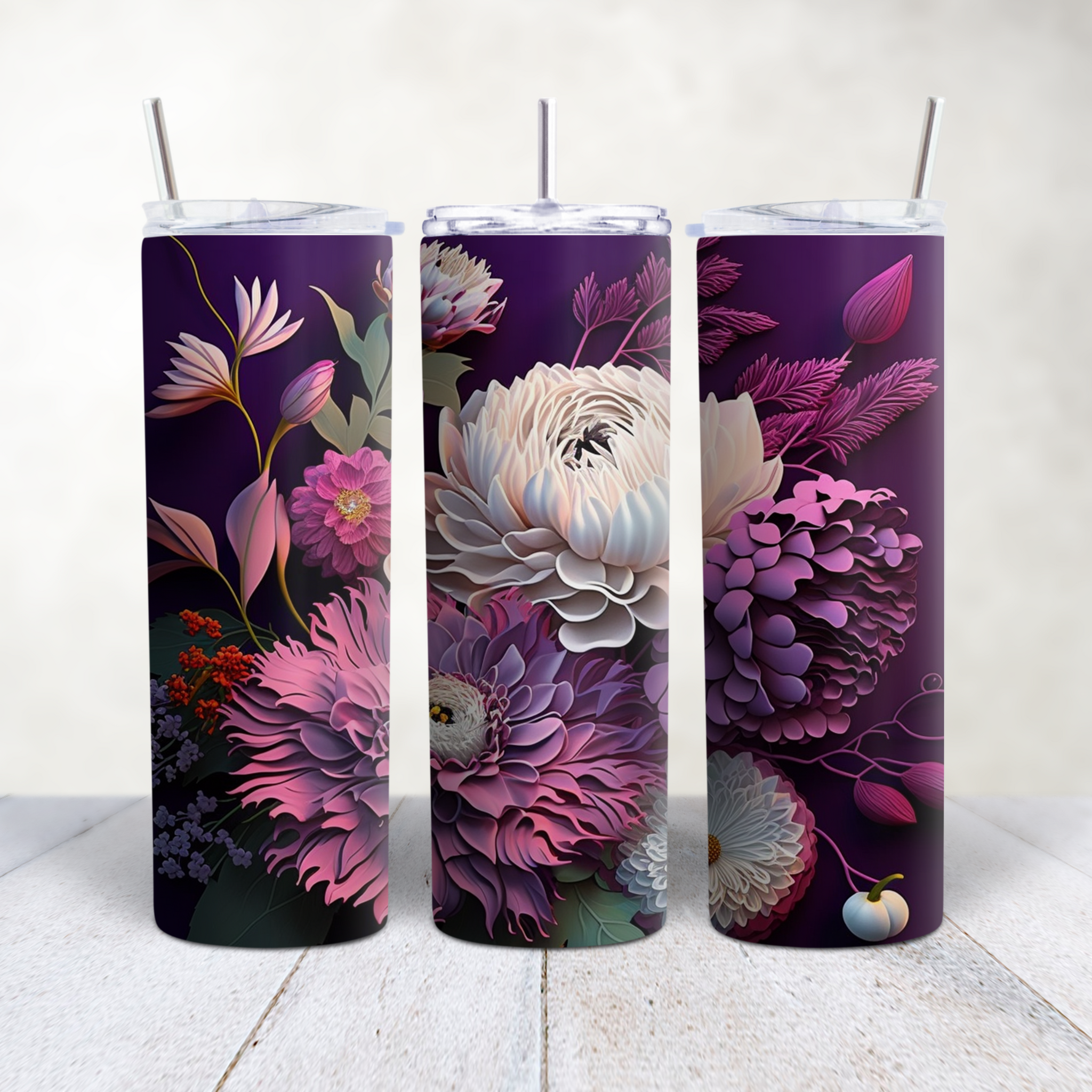 Purple Flowers 3D Art  20 Ounce Stainless Steel Tumbler