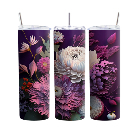 Purple Flowers 3D Floral Art 20 Ounce Stainless Steel Tumbler Cup