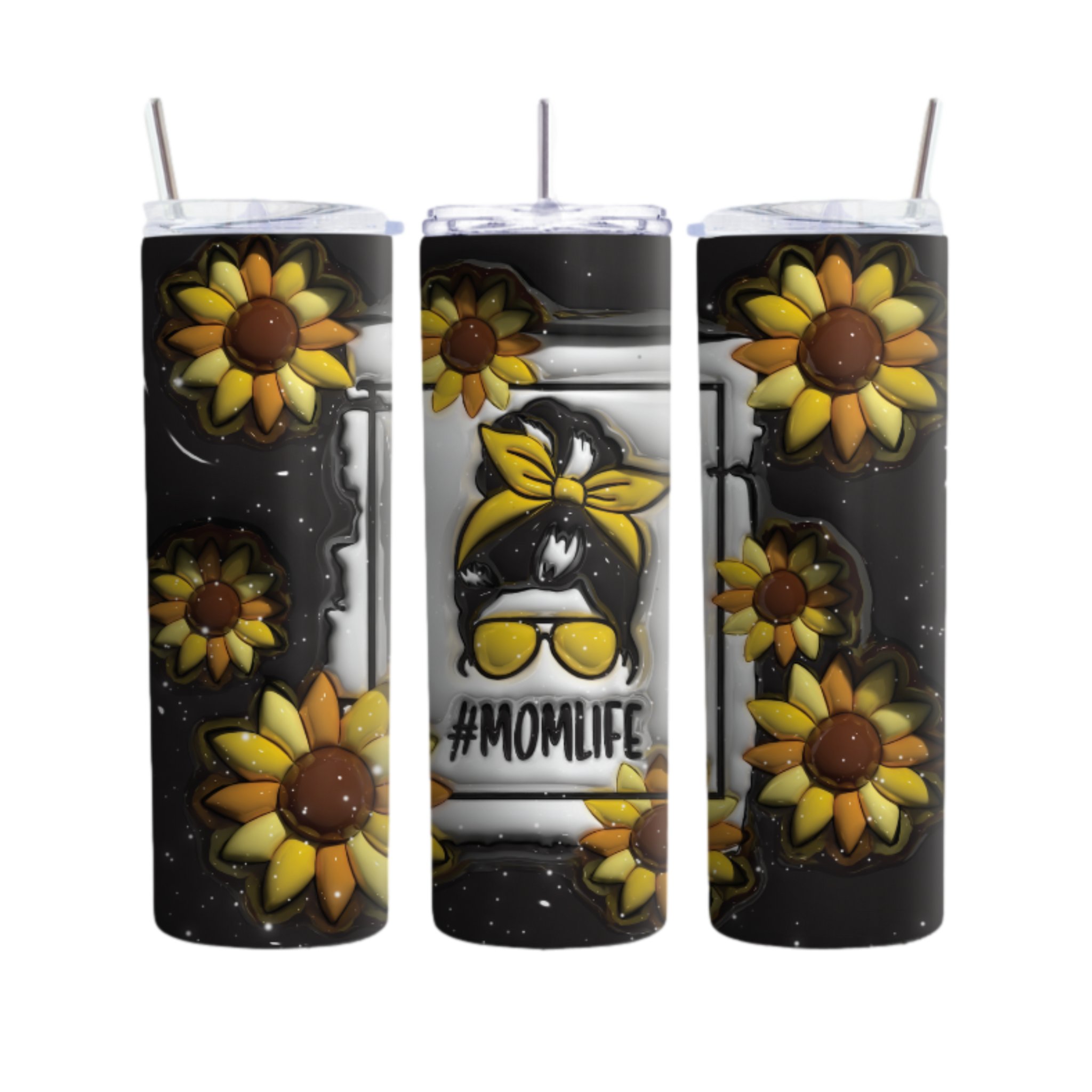 Mom Life Sunflower Tumbler with Messy Bun, 20oz Insulated Cup for Moms, Unique Mother's Day Gift 197094450085