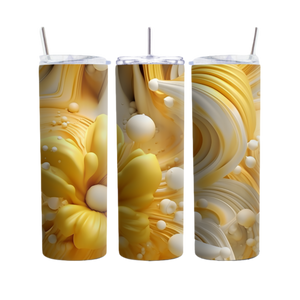 Yellow Floral Tumbler, Insulated 20oz Stainless Steel Cup, Elegant Flower 3D Design Drinkware, Perfect Gift Idea