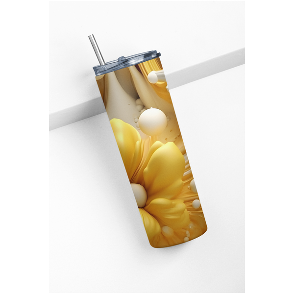 Yellow Floral Tumbler, Insulated 20oz Stainless Steel Cup, Elegant Flower 3D Design Drinkware, Perfect Gift Idea