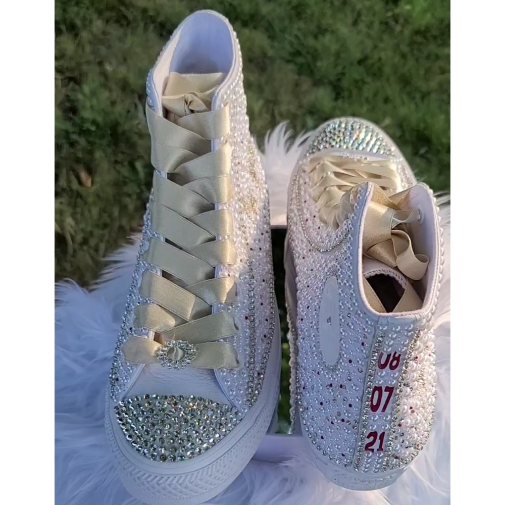 Converse Bridal High Top Bling Rhinestone and Pearl Custom Wedding Shoe Inspire Me Positive