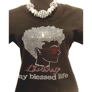 Living My Blessed Life Rhinestone Bling V-Neck T-Shirt